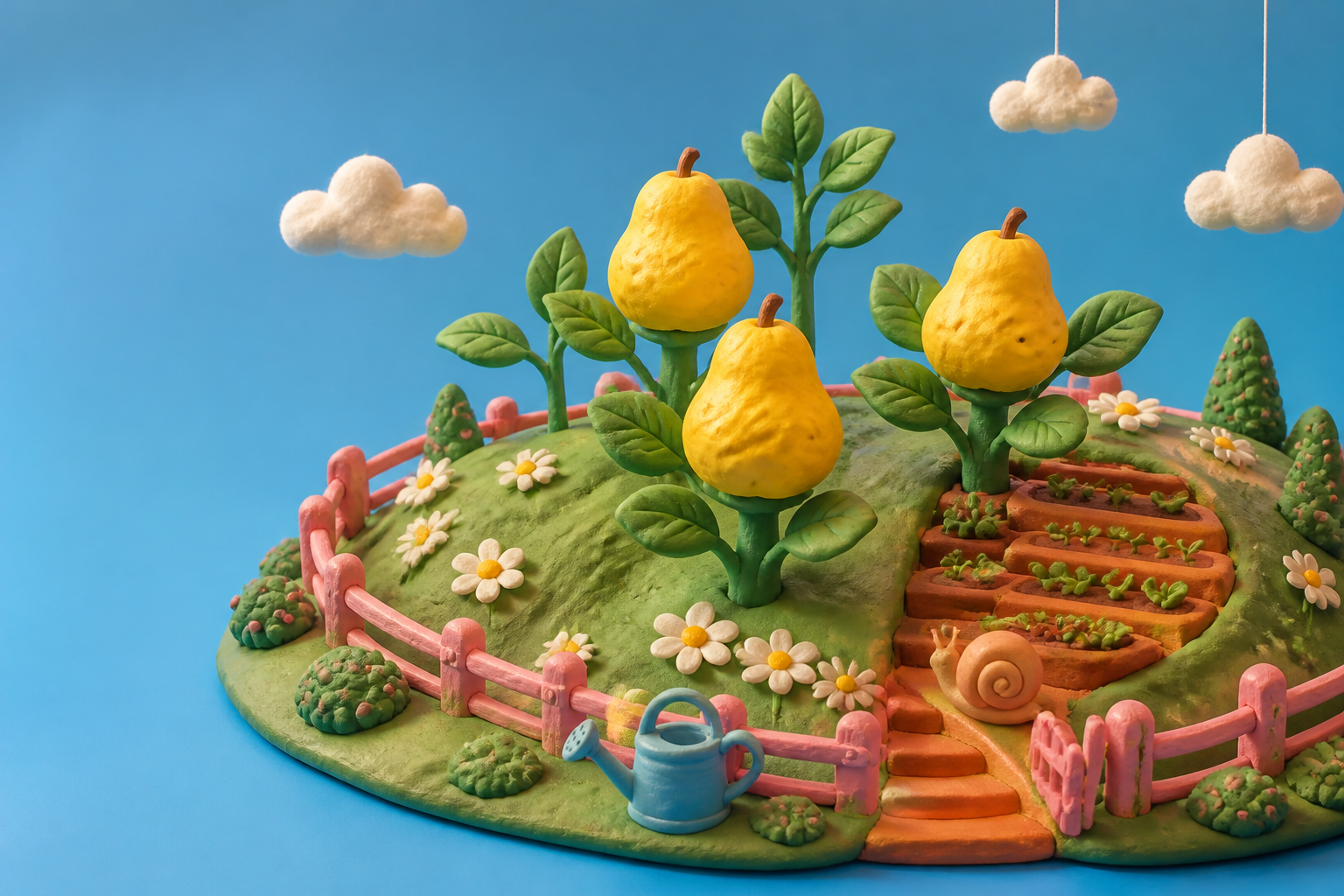 A handmade clay farm with golden fruit trees, pastel fences and a little watering can